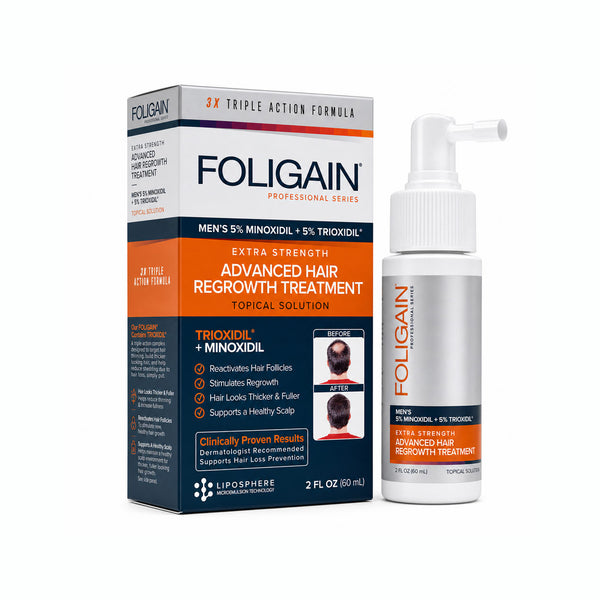 FOLIGAIN men's hair regrowth treatment packaging and bottle on a white background